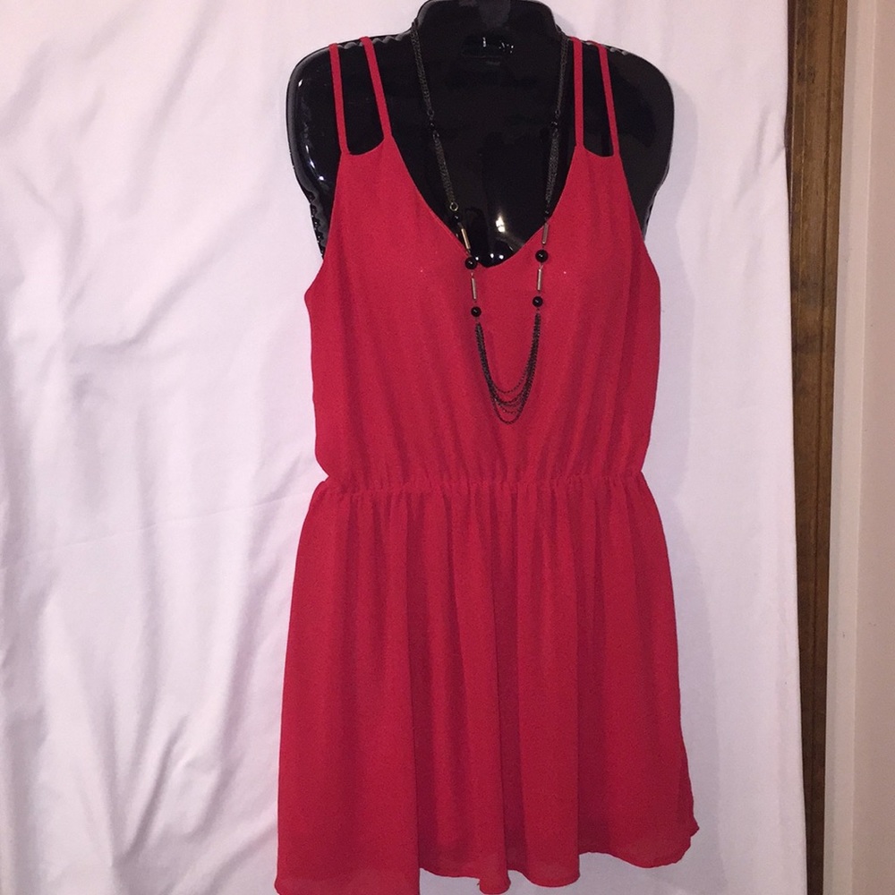 Red Double Strap V-Neck Elastic Waist Chiffon Mini Dress Sleeveless Summer Dress